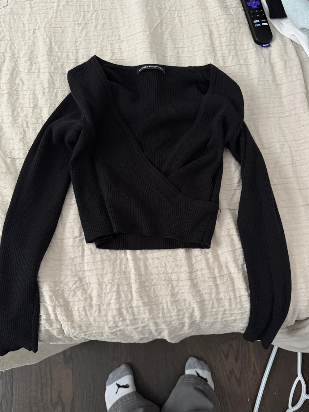 Brandy Melville Black Ribbed Wrap-Front Long Sleeve Top